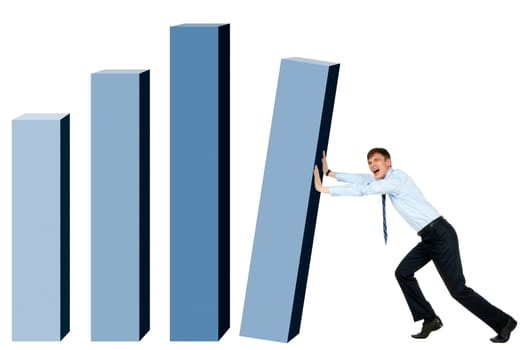 Creative photo of modern businessman trying to put column of graph into place