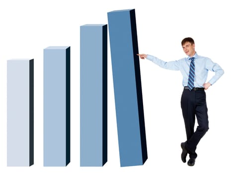 Creative photo of modern businessman pushing slightly the column of graph