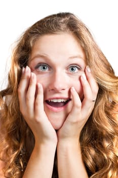 pretty young excited woman, isolated against white background