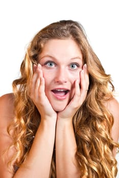 pretty young excited woman, isolated against white background