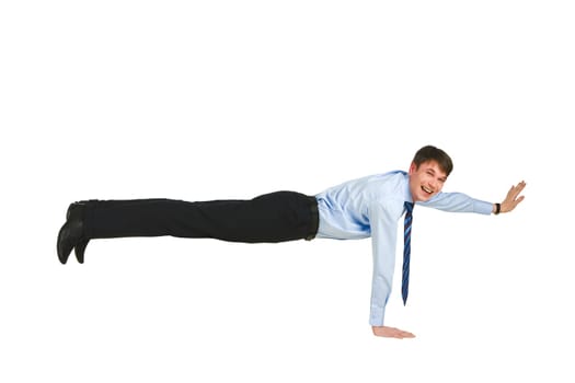 Photo of skilled man standing on one arm over white background
