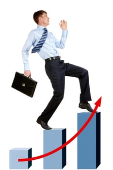 Image of happy businessman running upstairs on chart column tops