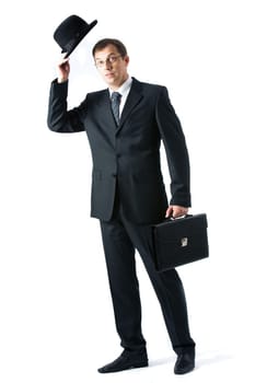 Elegant male taking off his hat as greeting