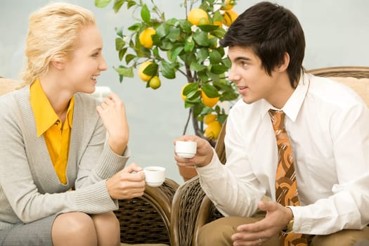 Portrait of smart colleagues having conversation in office during coffee break