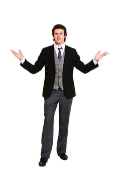 Stylish male in elegant suit looking at camera on white background