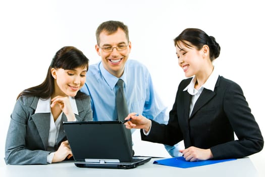 Image of successful business partners discussing a new project at meeting