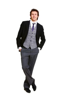 Image of successful businessman in elegant suit posing before camera