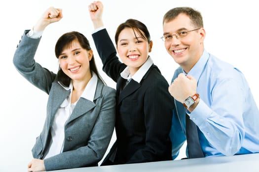 Conceptual photo of business team holding their fists up meaning power of work in a union