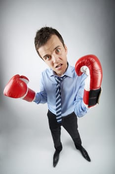 Fisheye of angry businessman in boxing gloves posing in front of camera