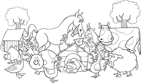 cartoon illustration of farm animals group for coloring book