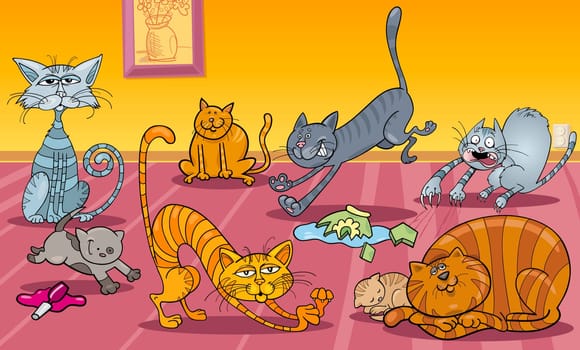 Cartoon Illustration of Many Naughty Cats at Home