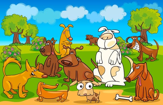 Cartoon Illustration of dogs on the meadow