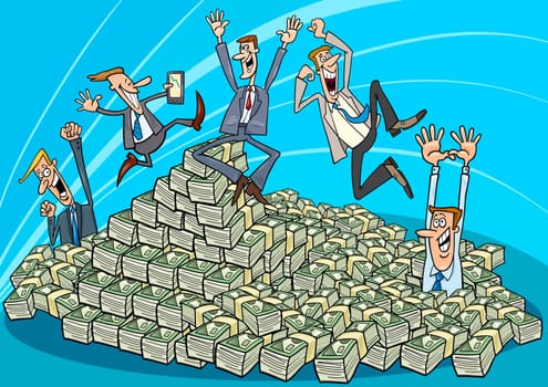Cartoon Illustration of Happy Successful Businessmen and heap of money