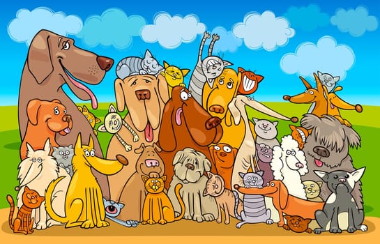 Illustration of group of Cats and Dogs against blue sky