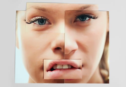 Face of young girl made up of cut images