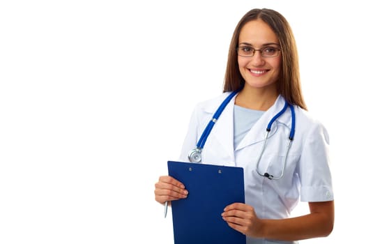 Portrait of confident female doctor looking at camera in isolation