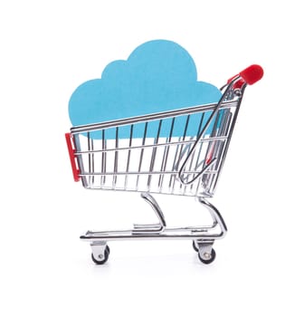 Buy cloud computing service concept. Cloud in shopping cart on white background.