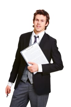 Confident businessman with clipboard looking at camera on white background