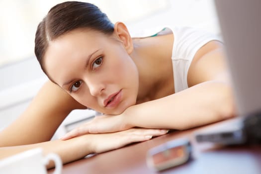 Portrait of pretty businesswoman looking at laptop screen in office