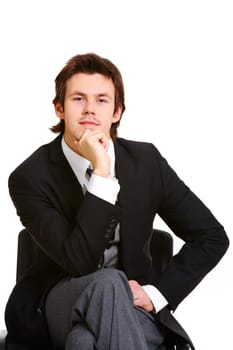 Image of handsome man posing before camera on white background