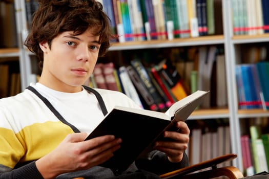 Portrait of clever student with open book reading in college library