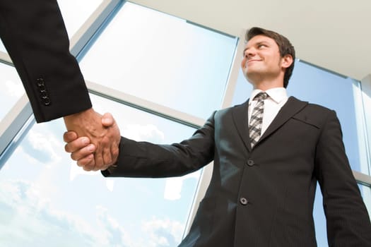 Below view of happy man handshaking with partner after striking business deal