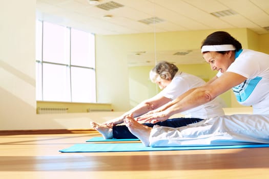 Portrait of sporty females doing physical exercise in sport gym