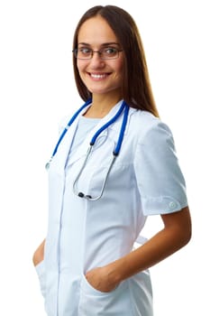 Portrait of confident female doctor looking at camera in isolation