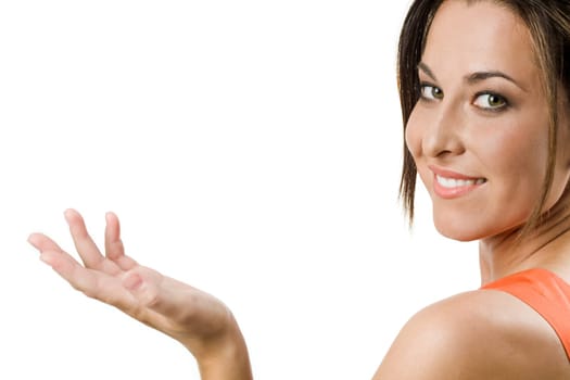 Face of charming looking at camera with her palm open and smiling