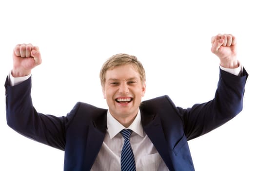 Portrait of lucky winner showing his happiness by keeping arms raised