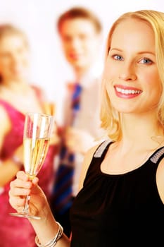 Portrait of beautiful lady with champagne on the background of people