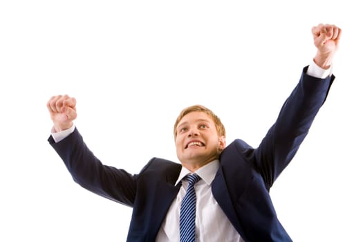 Portrait of lucky businessman looking upwards giving thanks to heaven