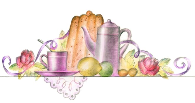 Painting of served table with dessert in restaurant over white background