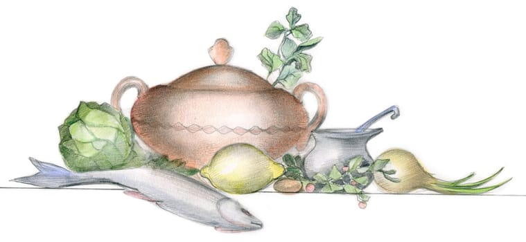 Picture of different vegatables, fish and tableware over white background