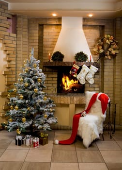 Image of nice comfortable room decorated for Christmas with fir tree, toys and decorations