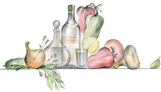 Picture of different vegatables and tableware over white background