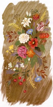 Picture of various flowers and berries on branches over brown background