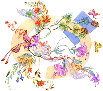 Painting of bright flowers with bright bird and flying butterflies near by