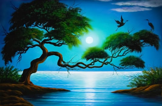 Picture of massive tree on the coast with storks near by