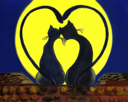 Picture of two black cats sitting on roof at night and looking at yellow moon