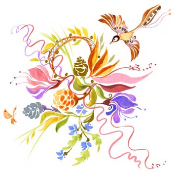 Painting of bright flowers with flying bird near by