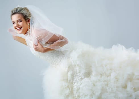 Portrait of pretty bride laughing
