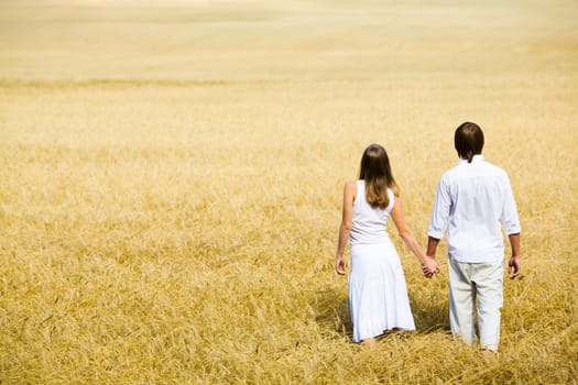 Image of couple holding by hands and walking along the field