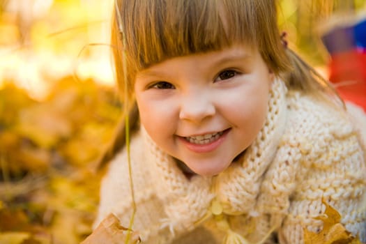 Face of girlie looking at camera with cute smile while on autumnal ground