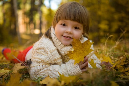 Photo of small pretty girl holding dry maple leaf in hands and looking at camera