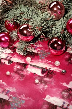 Christmas elements: twig with red balls and beads