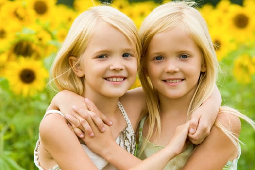 Portrait of cute twins embracing each other on background of sunflower field
