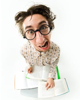 Fish-eye of frustrated student learning and looking at camera with open mouth