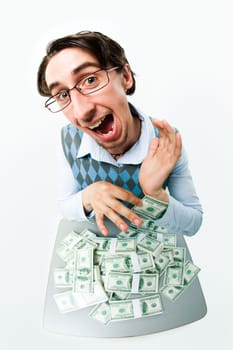 Portrait of successful man taking out pack of dollars from sleeve of his shirt