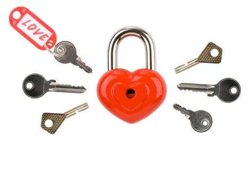 Image of red heart-shaped lock with several keys around on white background